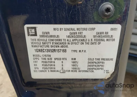 2002 Chevrolet Tahoe Ls из США, поврежденный, VIN 1GNEC13V92R157168